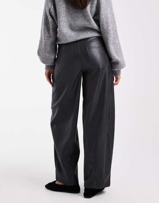 ASOS DESIGN faux leather straight leg trousers with seam detail in navy