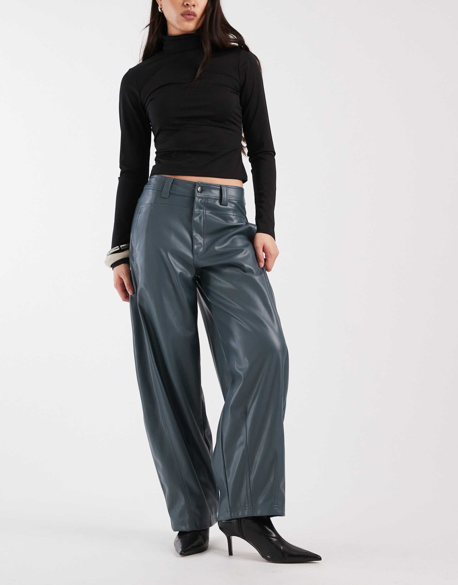 asos design faux leather barrel leg pants with seam detail in teal