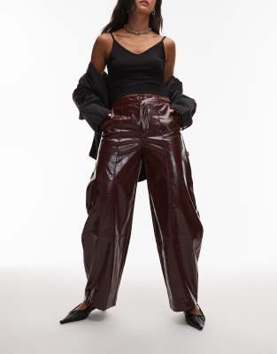 Asos Design Faux Leather Barrel Leg Pants With Tab Detail In Red