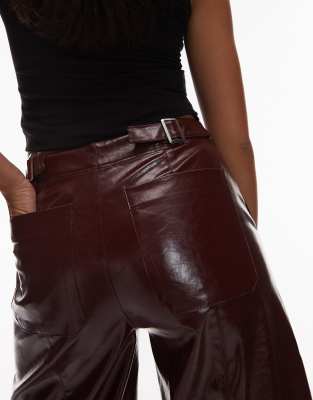 Asos Design Faux Leather Barrel Leg Pants With Tab Detail In Red
