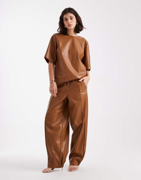 ASOS DESIGN faux leather barrel leg pull on pants in caramel - part of a set - view 1