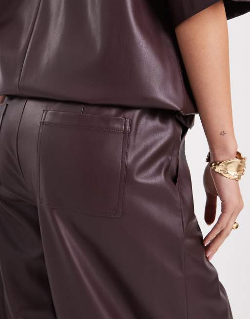 ASOS DESIGN faux leather barrel leg pull-on pants in plum - part of a set, 3 of 4