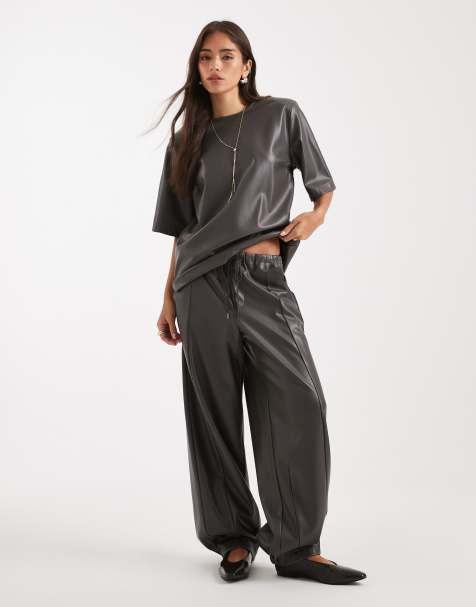 ASOS DESIGN faux leather barrel leg pull on trousers co-ord in grey
