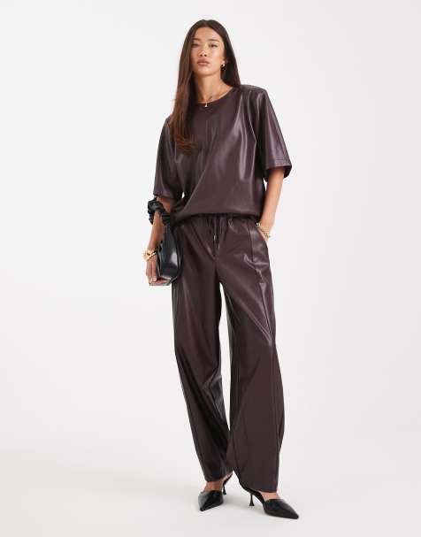 ASOS DESIGN faux leather barrel leg pull on trousers co-ord in plum