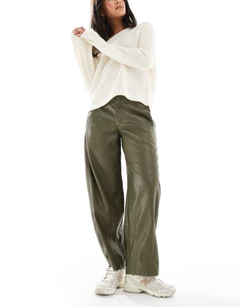 ASOS DESIGN faux leather barrel leg trousers with seam detail in Khaki - view 1