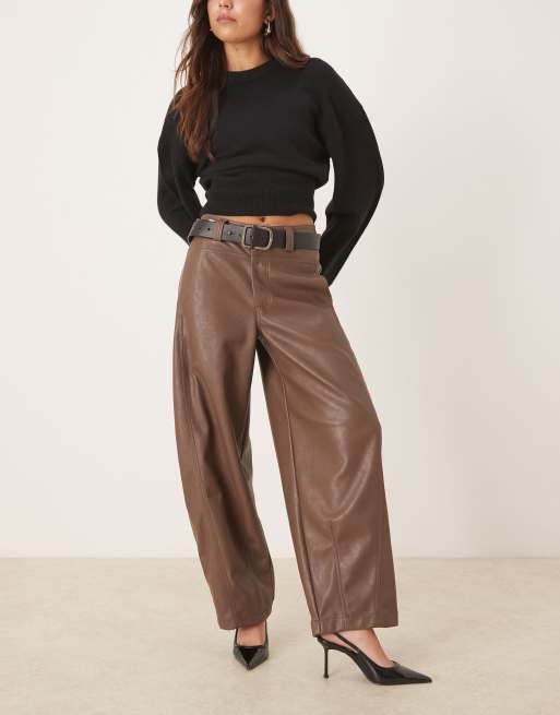 ASOS DESIGN faux leather barrel leg trousers with seam detail in mushroom