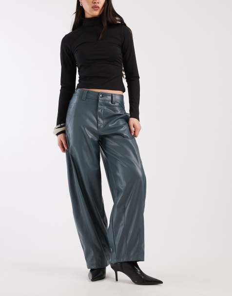 ASOS DESIGN faux leather barrel leg trousers with seam detail in teal - view 1