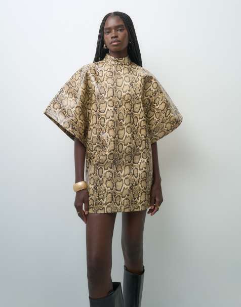 ASOS DESIGN faux leather batwing mini dress in snake print - view 1