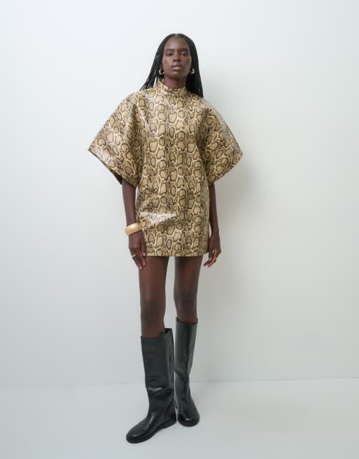 ASOS DESIGN faux leather batwing mini dress in snake print, 3 of 4