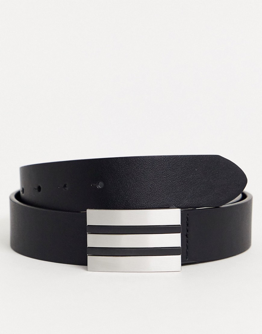 Asos Design Belt In Black Faux Leather With Silver Plate Buckle