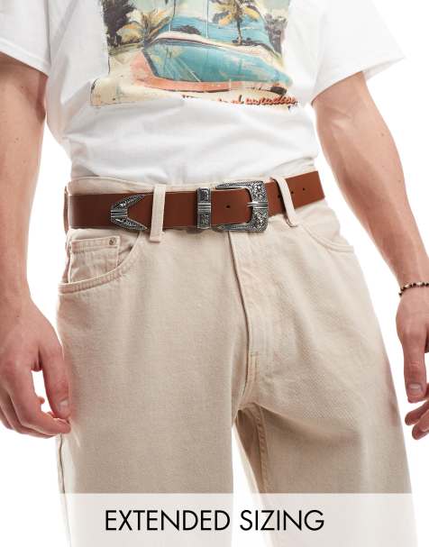 ASOS DESIGN faux leather belt in black with western buckle in brown - view 1