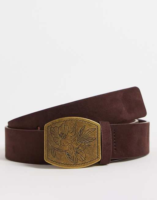 ASOS DESIGN faux leather belt with 70s inspired burnished gold buckle in  brown