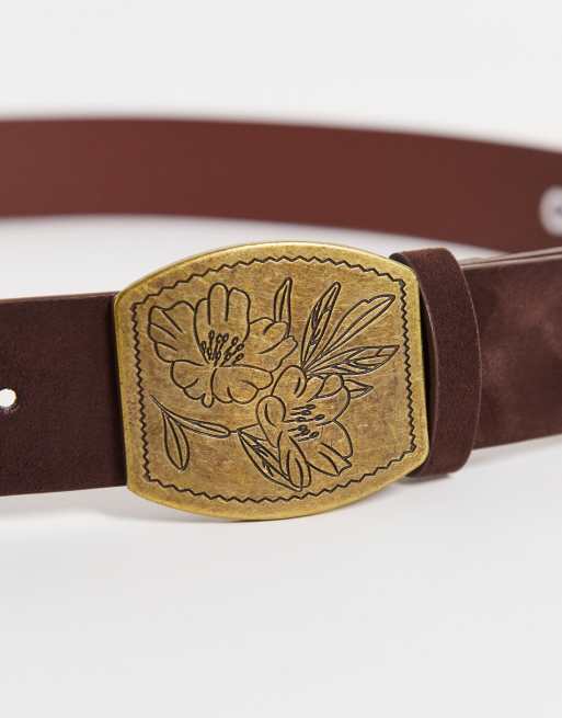 ASOS DESIGN faux leather belt with 70s inspired burnished gold buckle in  brown