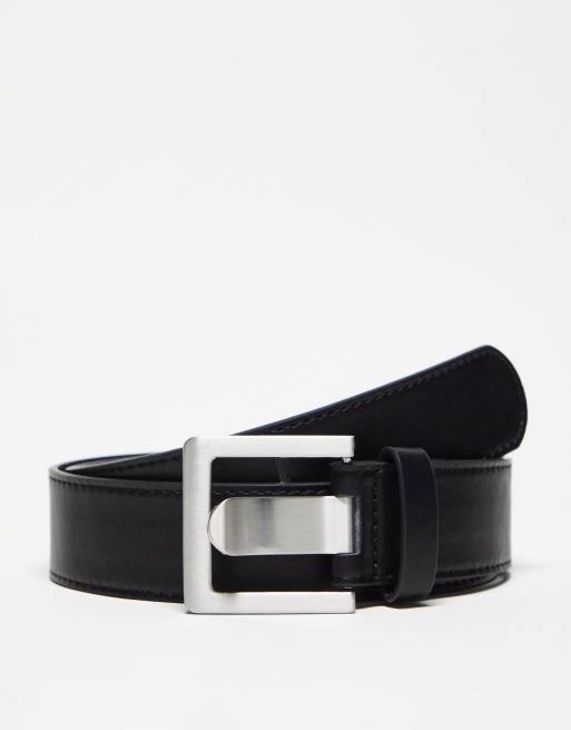 ASOS DESIGN faux leather belt with brushed square buckle in black | ASOS