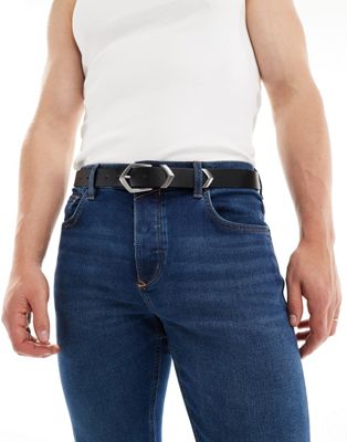 Asos Design Faux Leather Belt With Clean Western Buckle In Black