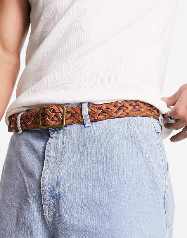 ASOS DESIGN faux leather belt with contrast weave in brown