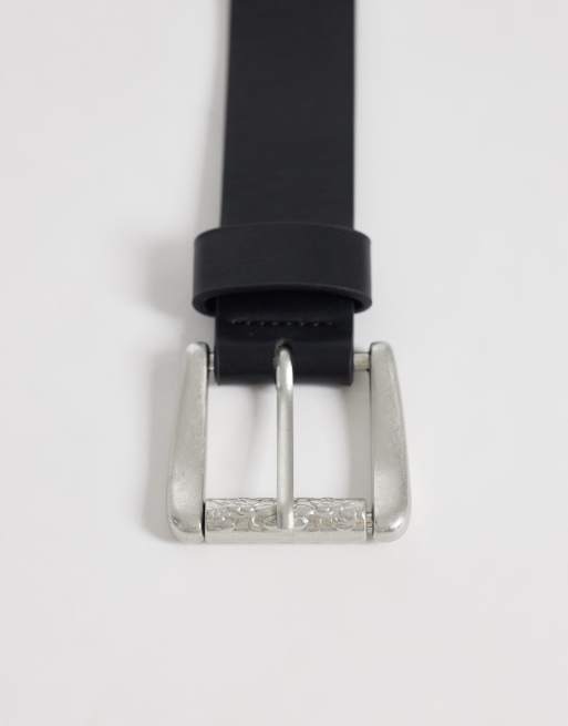 ASOS DESIGN faux leather belt with embossed silver buckle in black, 3 of 3