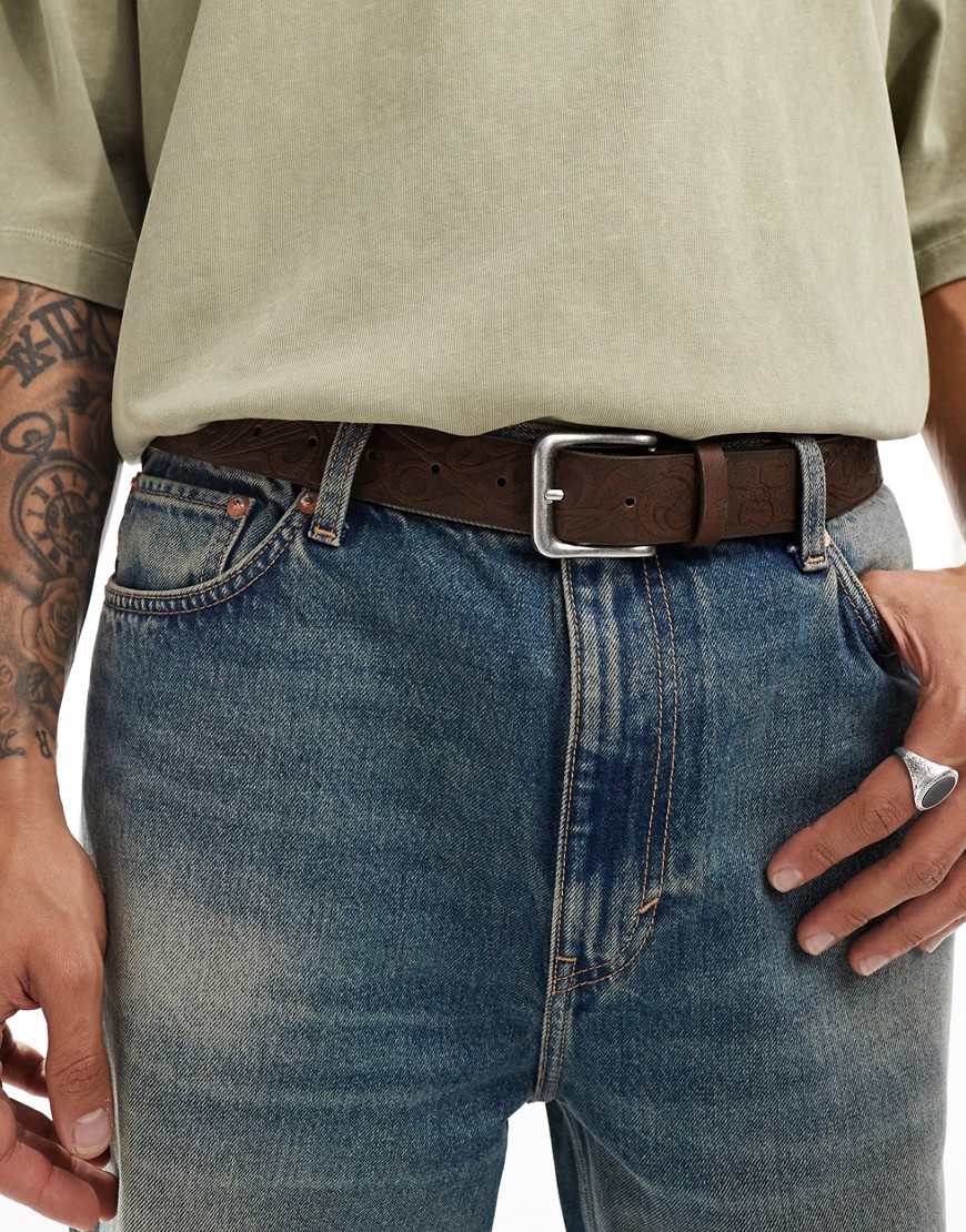 Asos Design Faux Leather Belt With Embossing In Brown
