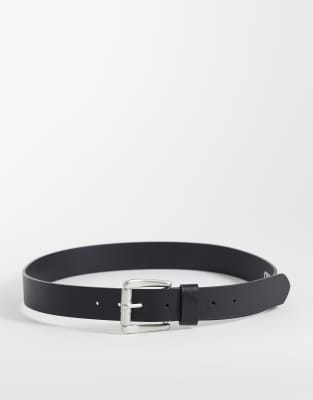 Asos Design Faux Leather Belt With Engraved Patterned-edge Silver Buckle In Green