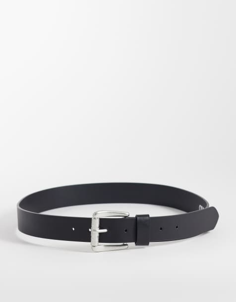 ASOS DESIGN faux leather belt with engraved patterned-edge silver buckle in black - view 1