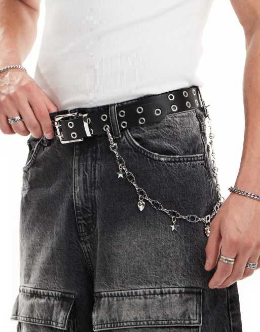 FhyzicsShops DESIGN faux leather belt with eyelets and charm chain in black