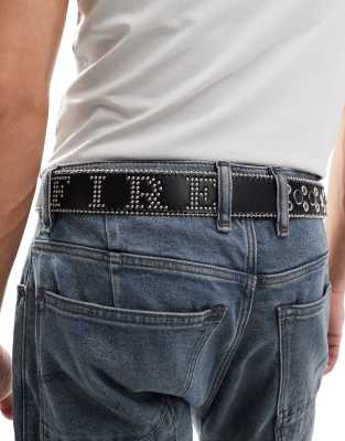 Asos Design Faux Leather Belt With Fire Graphic And Studs In Black In Black