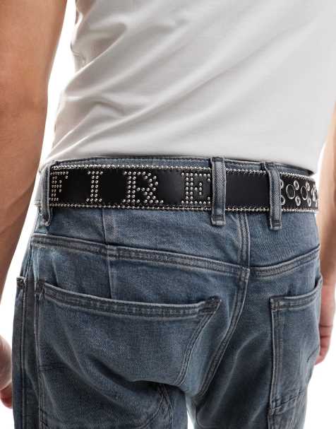 ASOS DESIGN faux leather belt with fire graphic and studs in black - view 1