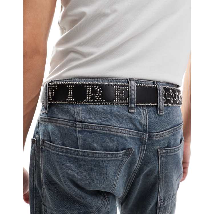 ASOS DESIGN faux leather belt with fire graphic and studs in black ASOS