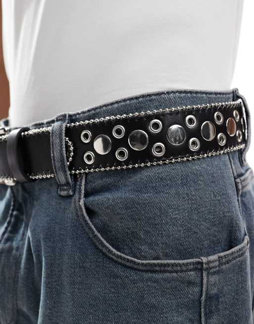 ASOS DESIGN faux leather belt with fire graphic and studs in black ASOS