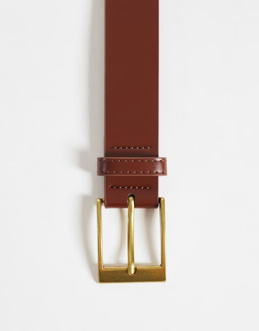 ASOS DESIGN faux leather belt with gold buckle in tan, 2 of 3