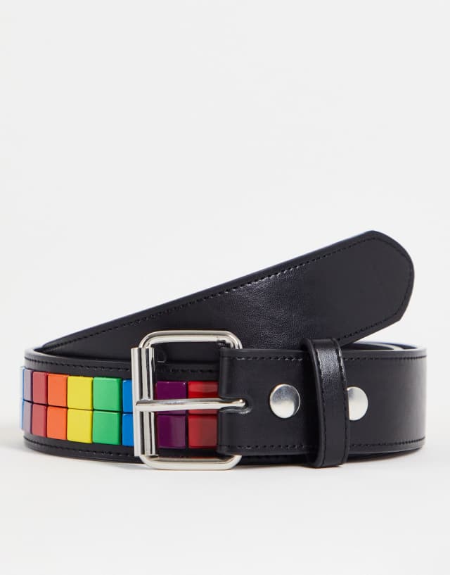 ASOS DESIGN - faux leather belt with rainbow studs