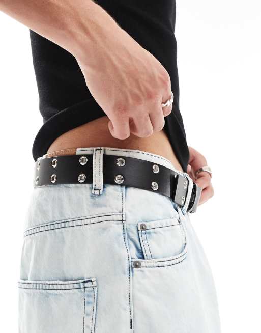 ASOS DESIGN faux leather belt with roller buckle and eyelets  display picture 2
