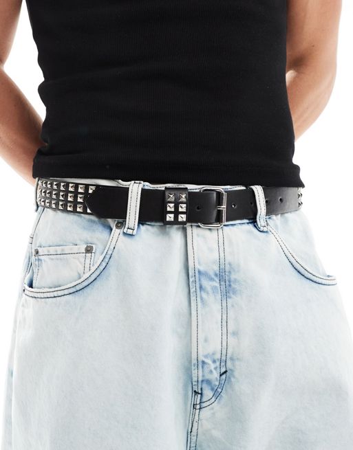 FhyzicsShops DESIGN faux leather belt with roller buckle and triple studs in black