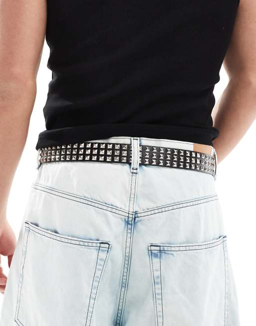 ASOS DESIGN faux leather belt with roller buckle and triple studs in black, 2 of 4