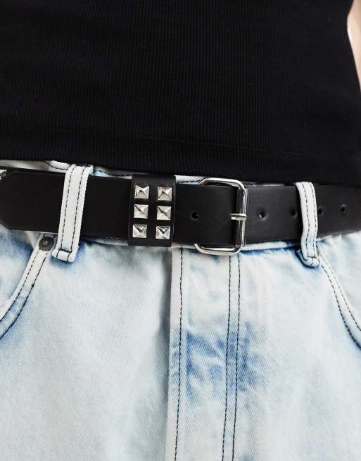 ASOS DESIGN faux leather belt with roller buckle and triple studs in black, 3 of 4