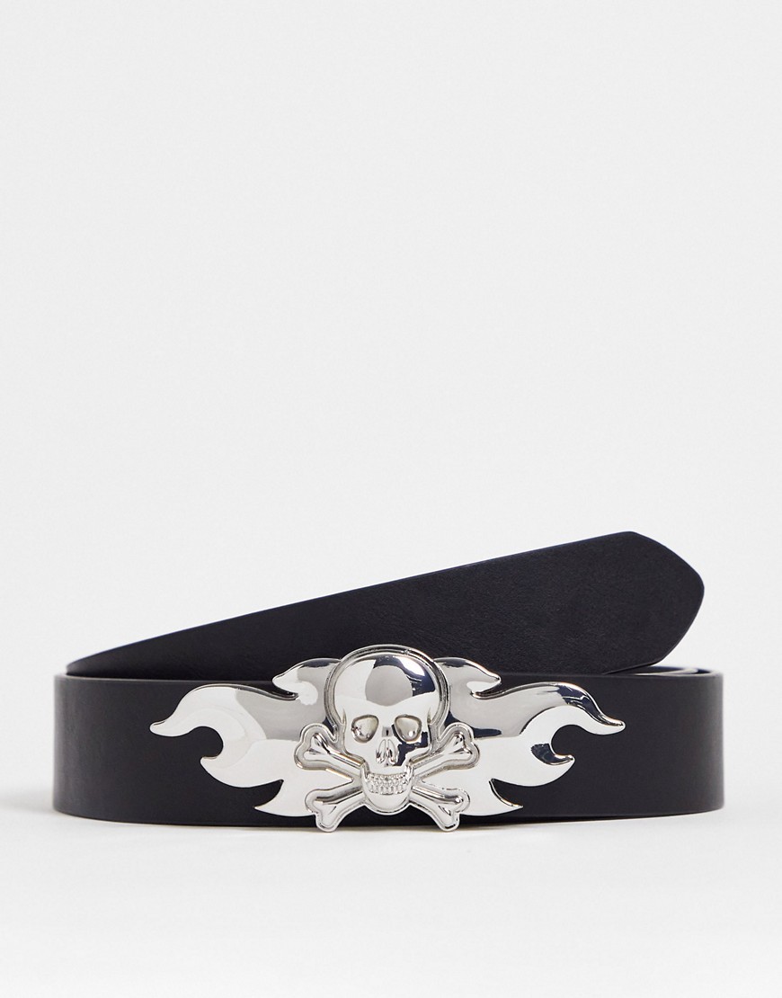 ASOS DESIGN faux leather belt with silver flaming skull buckle in black