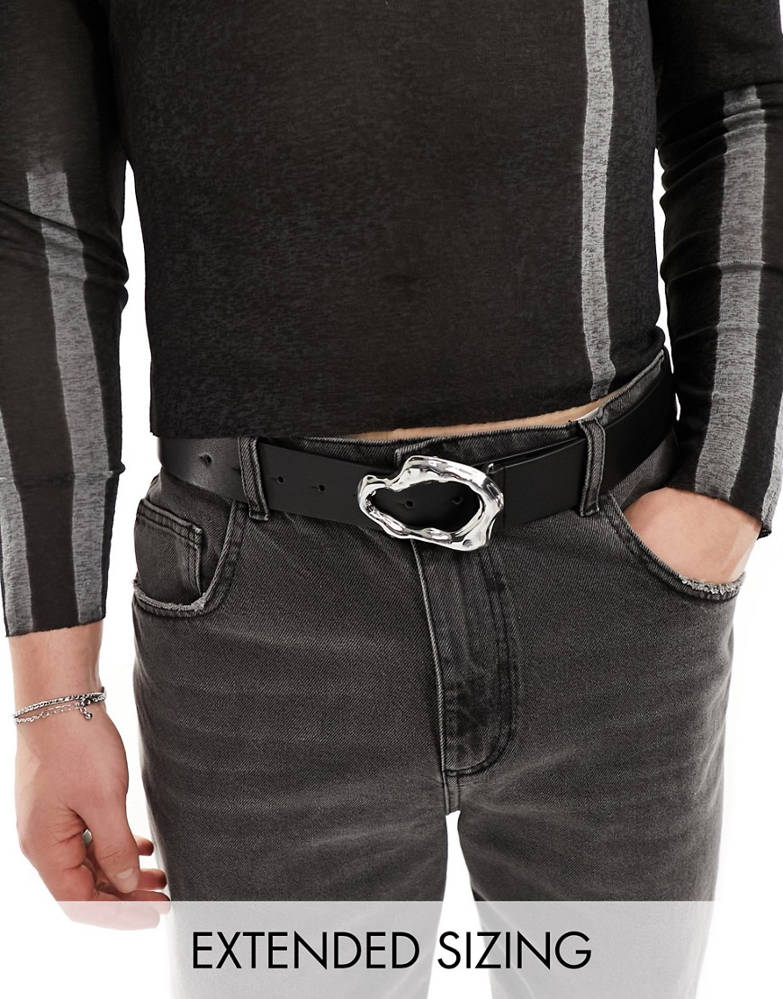 ASOS DESIGN faux leather belt with silver mottled buckle in black