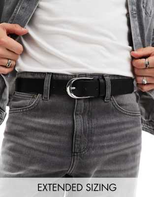 faux leather belt with silver oval buckle in black