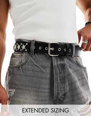 faux leather belt with star studs and silver roller buckle in black