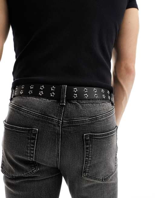 ASOS DESIGN faux leather belt with star studs and silver western buckle in  black