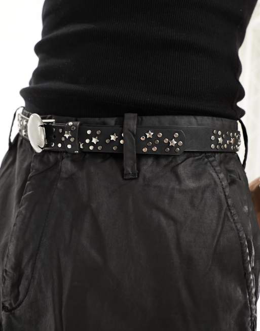 ASOS DESIGN faux leather belt with stars in washed black