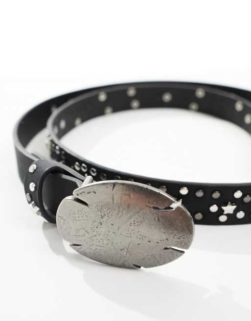 ASOS DESIGN faux leather belt with stars in washed black