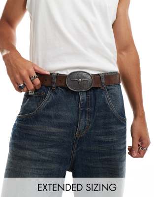 faux leather belt with statement buckle in washed brown