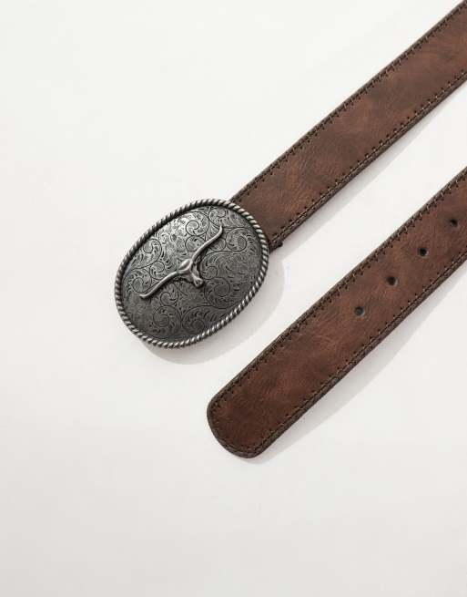 Western Brown Vegan leather Statement Belt Double Buckle Western Belt – Edgy Faux Leather Statement  main image 4