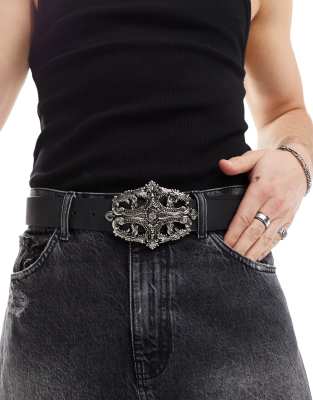 ASOS DESIGN ASOS DESIGN faux leather belt with statement gothic buckle in washed black