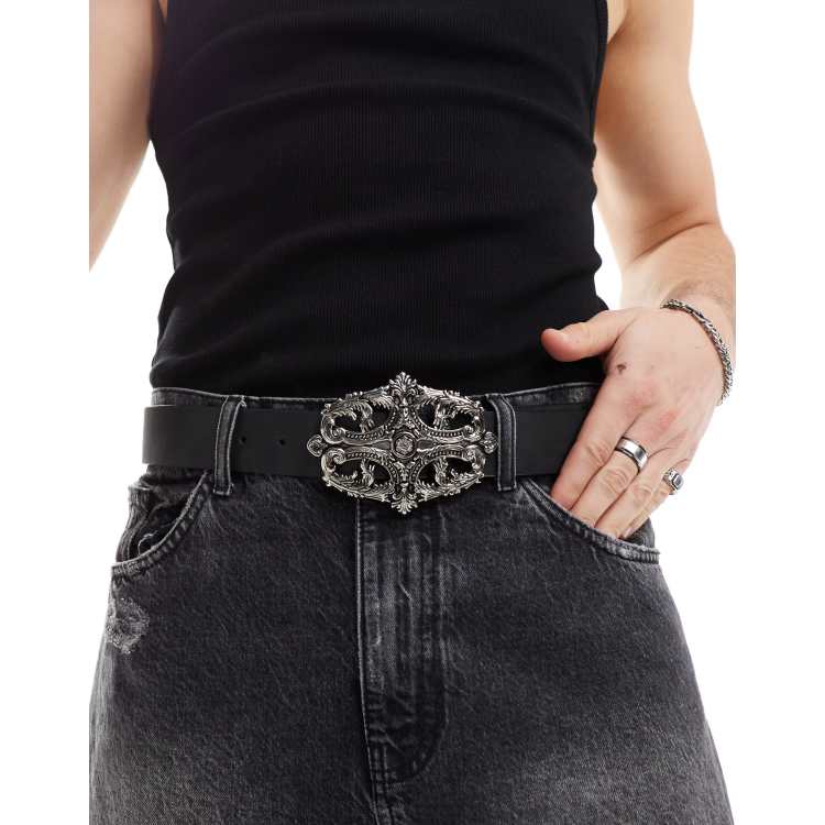ASOS DESIGN faux leather belt with statement gothic buckle  display picture 2