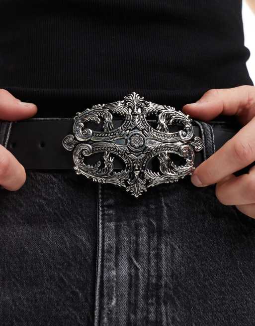 ASOS DESIGN faux leather belt with statement gothic buckle in washed black, 3 of 4