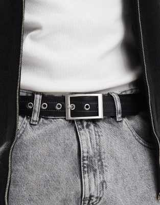 ASOS DESIGN faux leather belt with stitching detail and rectangle silver buckle in black φωτογραφία