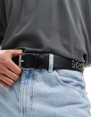 faux leather belt with stud and crystal detail in black-Red