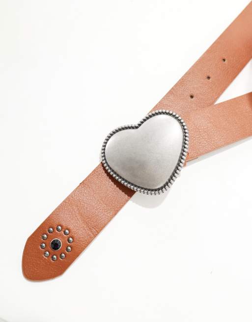 ASOS DESIGN faux leather belt with stud detail and heart buckle in brown